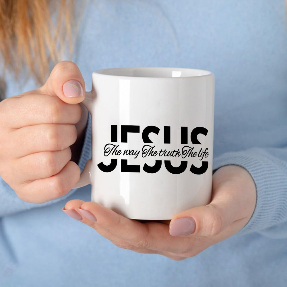 Tailorly White Ceramic 11 oz Mug - Jesus The Way The Truth The Life Bold Typography With Elegant Script Centered On A Minimalist