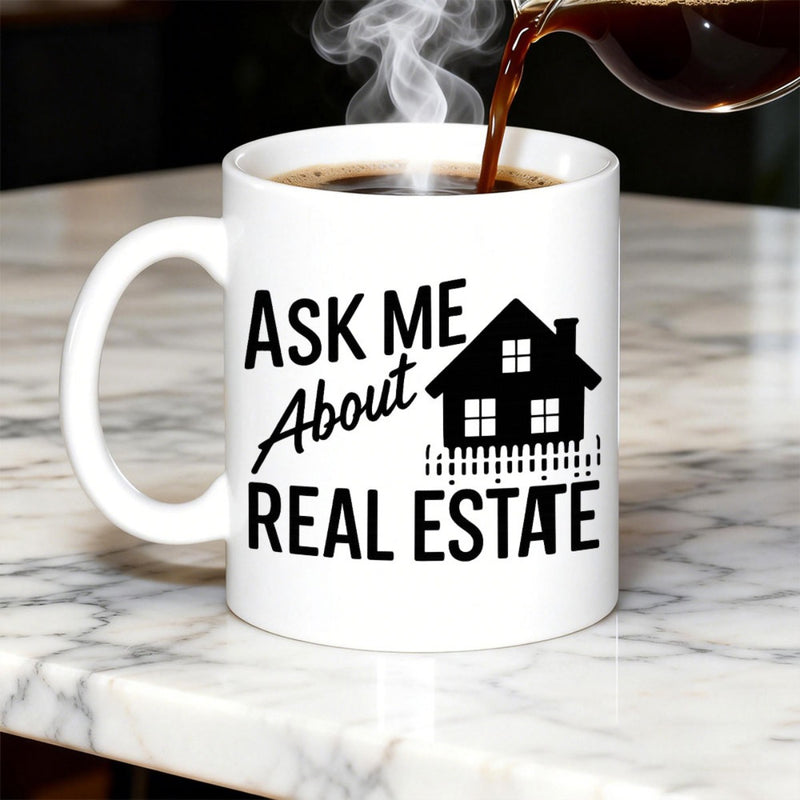 Tailorly White Ceramic 11 oz Mug - Ask Me About Real Estate Minimalist Black Silhouette Featuring A Small Picket Fence House