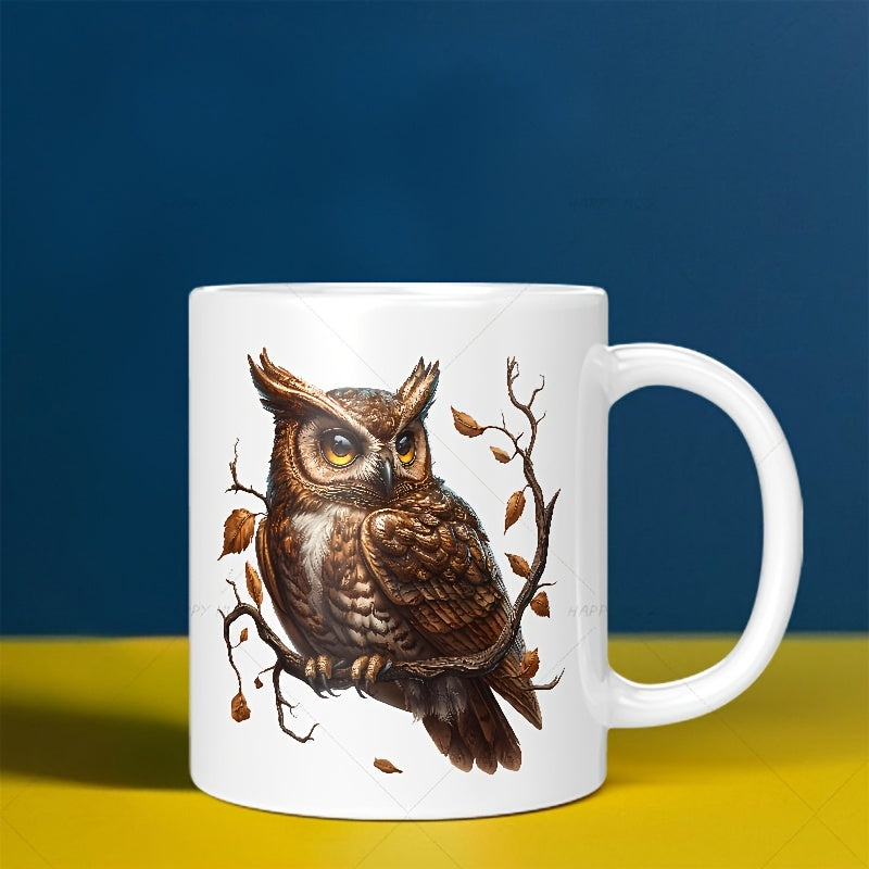 Tailorly White Ceramic 11 oz Mug - Majestic Brown Bird Resting On A Bare Branch Among Fallen Leaves Owl