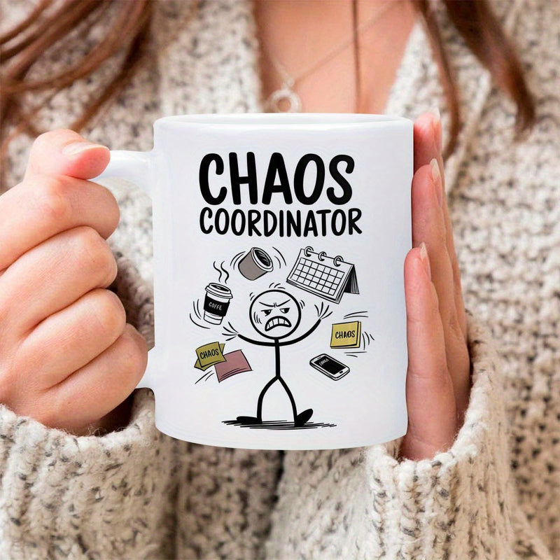 Tailorly White Ceramic 11 oz Mug - Chaos Coordinator Stressed Person Juggling Office Supplies Surrounded By Hectic Daily Work Tasks Stick Figure