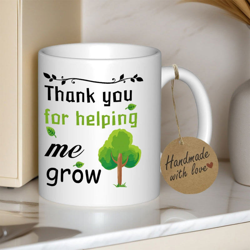 Tailorly White Ceramic 11 oz Mug - Thank You For Helping Me Grow Lush Green Foliage Standing Tall Against A Bright White Background Tree