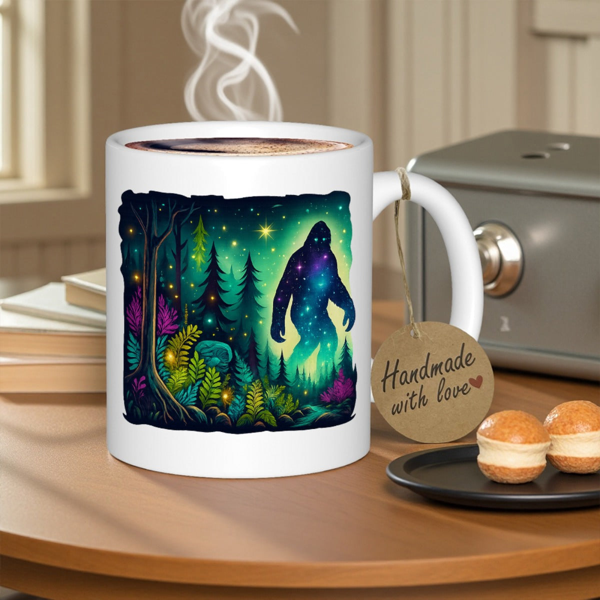 Tailorly White Ceramic 11 oz Mug - Handmade With Love Mystical Forest Scene Under A Starry Night Sky Featuring A Glowing Galactic Silhouette Sasquatch