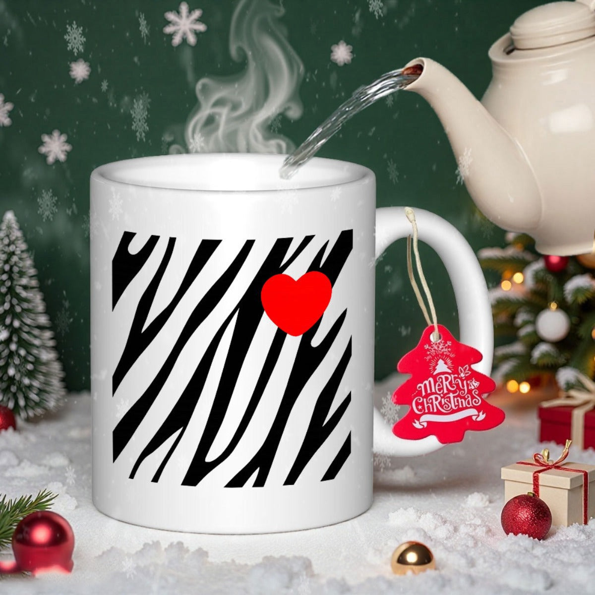 Tailorly White Ceramic 11 oz Mug - Merry Christmas Bold Black Zebra Stripes With A Vibrant Red Heart