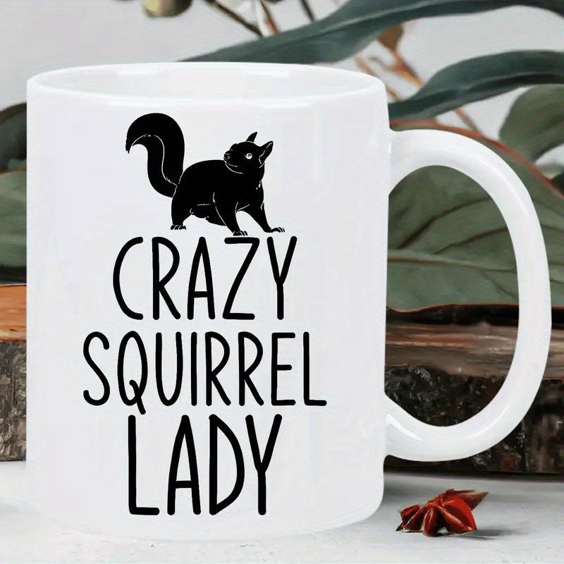 Tailorly White Ceramic 11 oz Mug - Crazy Squirrel Lady Minimalist Solid Black Silhouette Of A Small Forest Creature Among Nature Squirrel