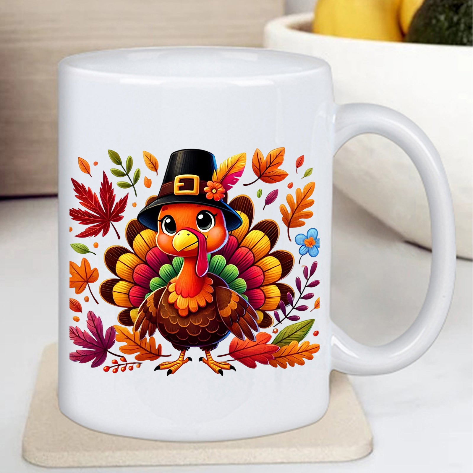 Tailorly White Ceramic 11 oz Mug - Festive Colorful Illustration Among Vibrant Falling Autumn Foliage Wearing A Hat Turkey