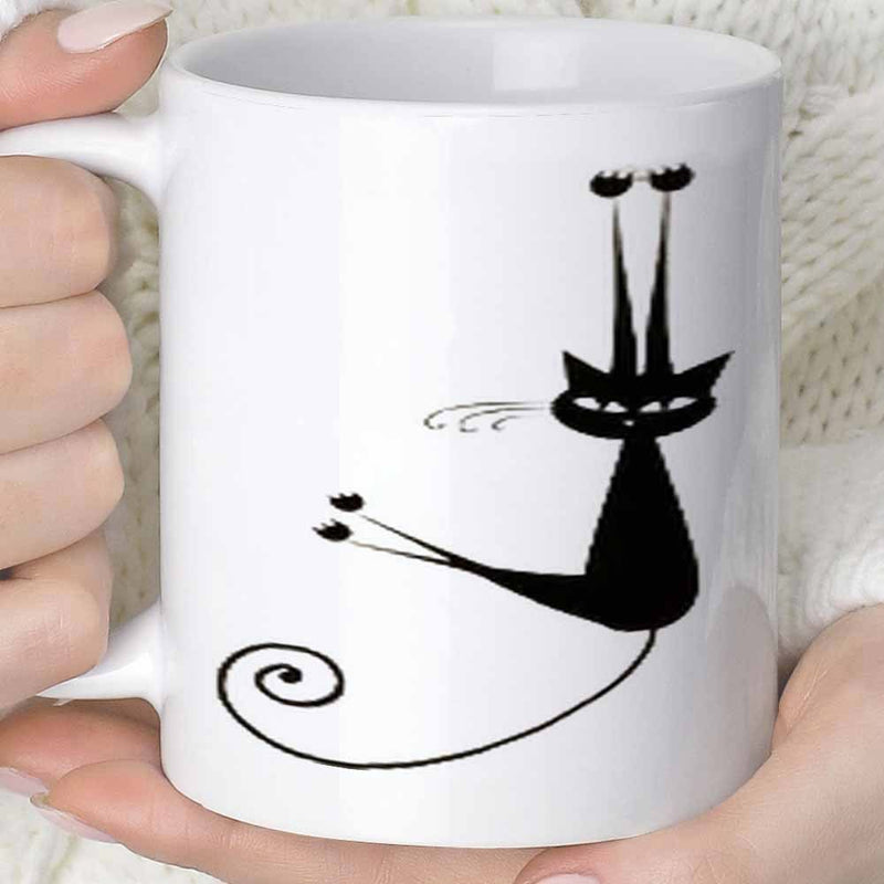 Tailorly White Ceramic 11 oz Mug - Minimalist Whimsical Black Silhouette Featuring Long Ears And Slim Legs Cat