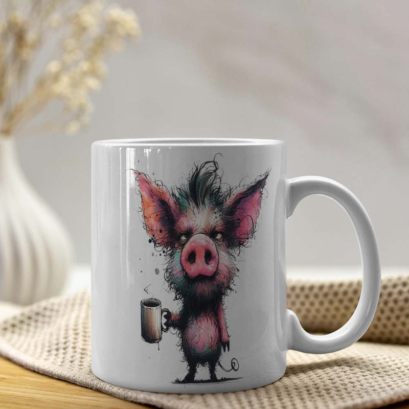 Tailorly White Ceramic 11 oz Mug - Quirky Artistic Stylized Animal With Messy Fur Holding A Small Morning Coffee Pig