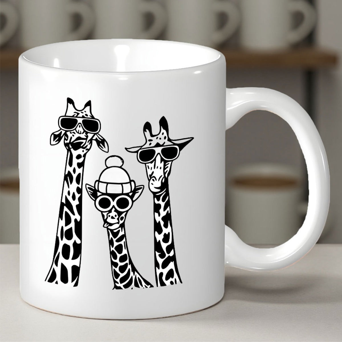Tailorly White Ceramic 11 oz Mug - Three Quirky Cartoonish Heads Wearing Stylish Sunglasses And A Beanie Giraffe