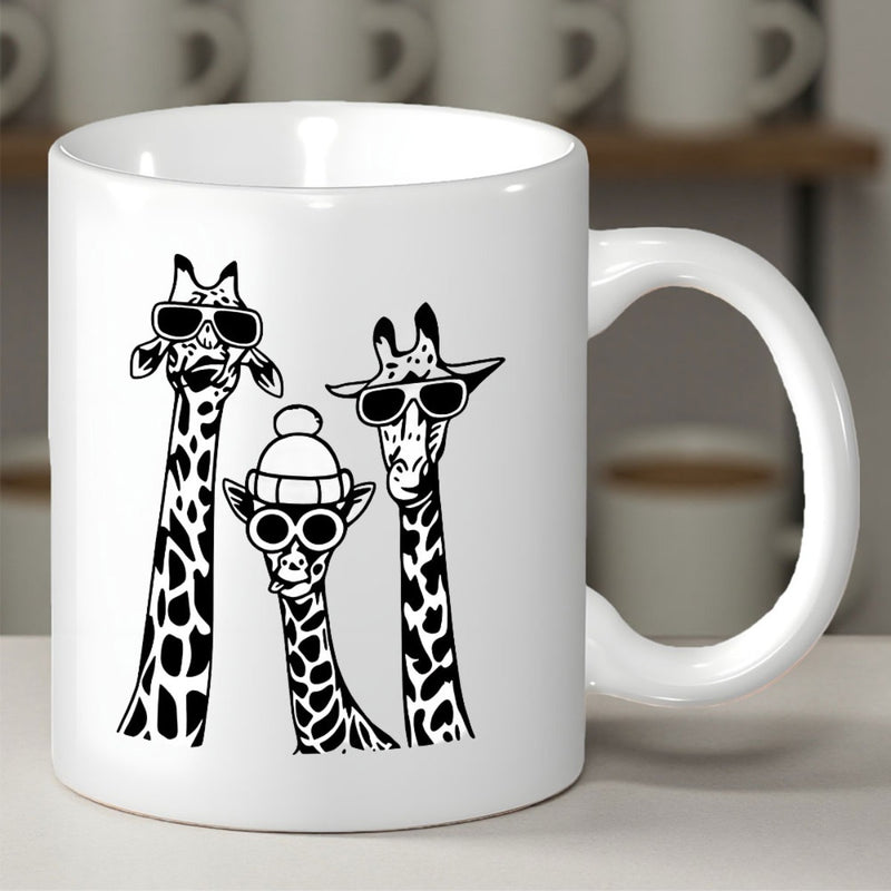 Tailorly White Ceramic 11 oz Mug - Three Quirky Cartoonish Heads Wearing Stylish Sunglasses And A Beanie Giraffe