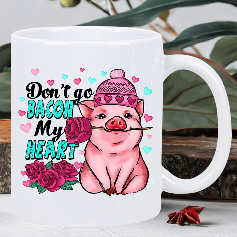 Tailorly White Ceramic 11 oz Mug - Don't Go Bacon My Heart Cute Cartoonish Pink Pig Wearing Beanie Hat And Holding Red Rose Pig