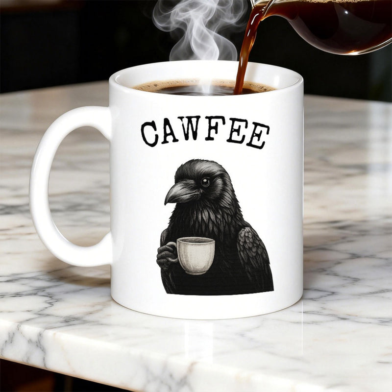 Tailorly White Ceramic 11 oz Mug - Cawfee Realistic Black Bird Holding A Small White Cup Of Coffee Crow