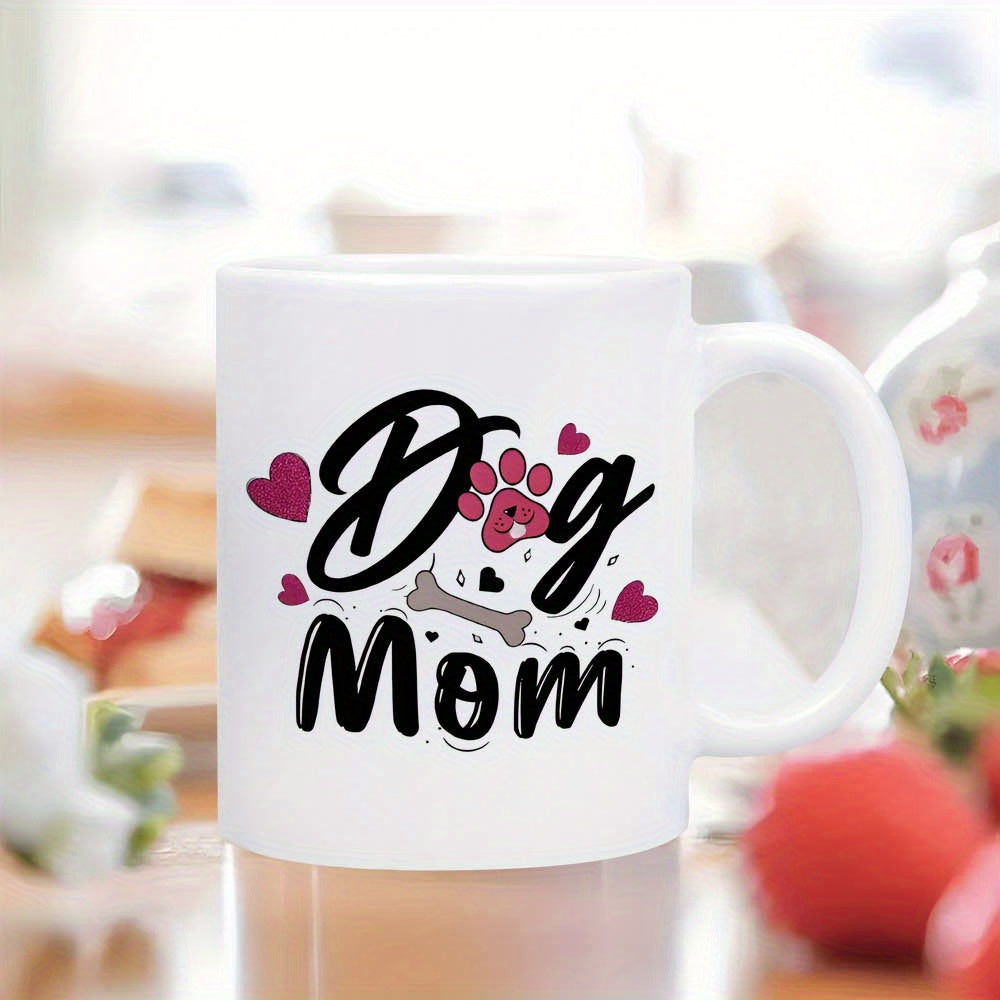 Tailorly White Ceramic 11 oz Mug - Dog Mom Elegant Script Writing With Decorative Hearts And A Tiny Paw