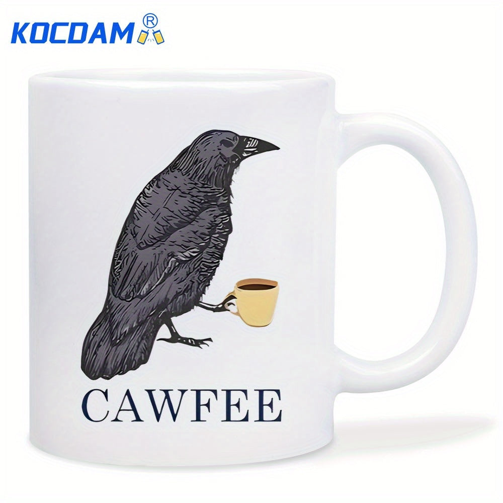 Tailorly White Ceramic 11 oz Mug - Cawfee Realistic Hand Drawn Black Crow Holding A Miniature Yellow Cup Of Coffee Crow