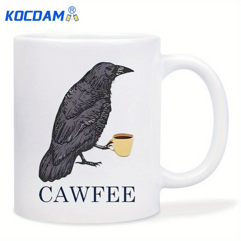 Tailorly White Ceramic 11 oz Mug - Cawfee Realistic Hand Drawn Black Crow Holding A Miniature Yellow Cup Of Coffee Crow