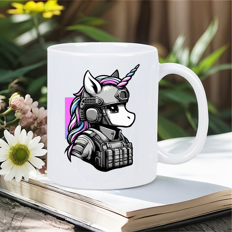 Tailorly White Ceramic 11 oz Mug - Military Combat Ready Fantasy Creature Wearing Tactical Helmet And Protective Vest Unicorn