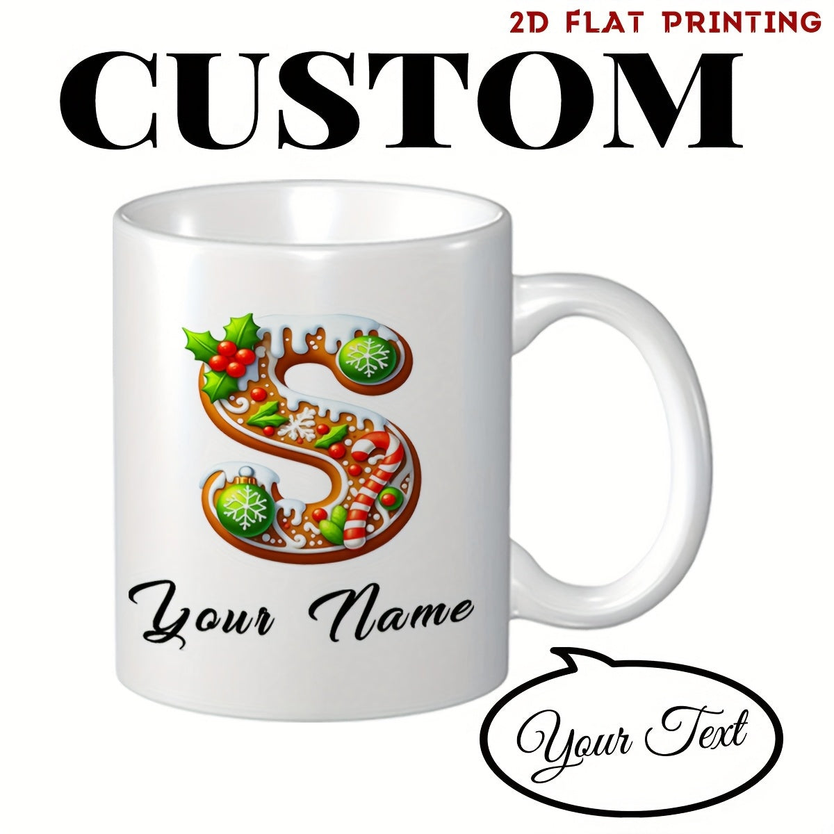 Tailorly White Ceramic 11 oz Mug - Your Name Festive Monogram Style Featuring Winter Holly Berries And Candy Canes Letter S