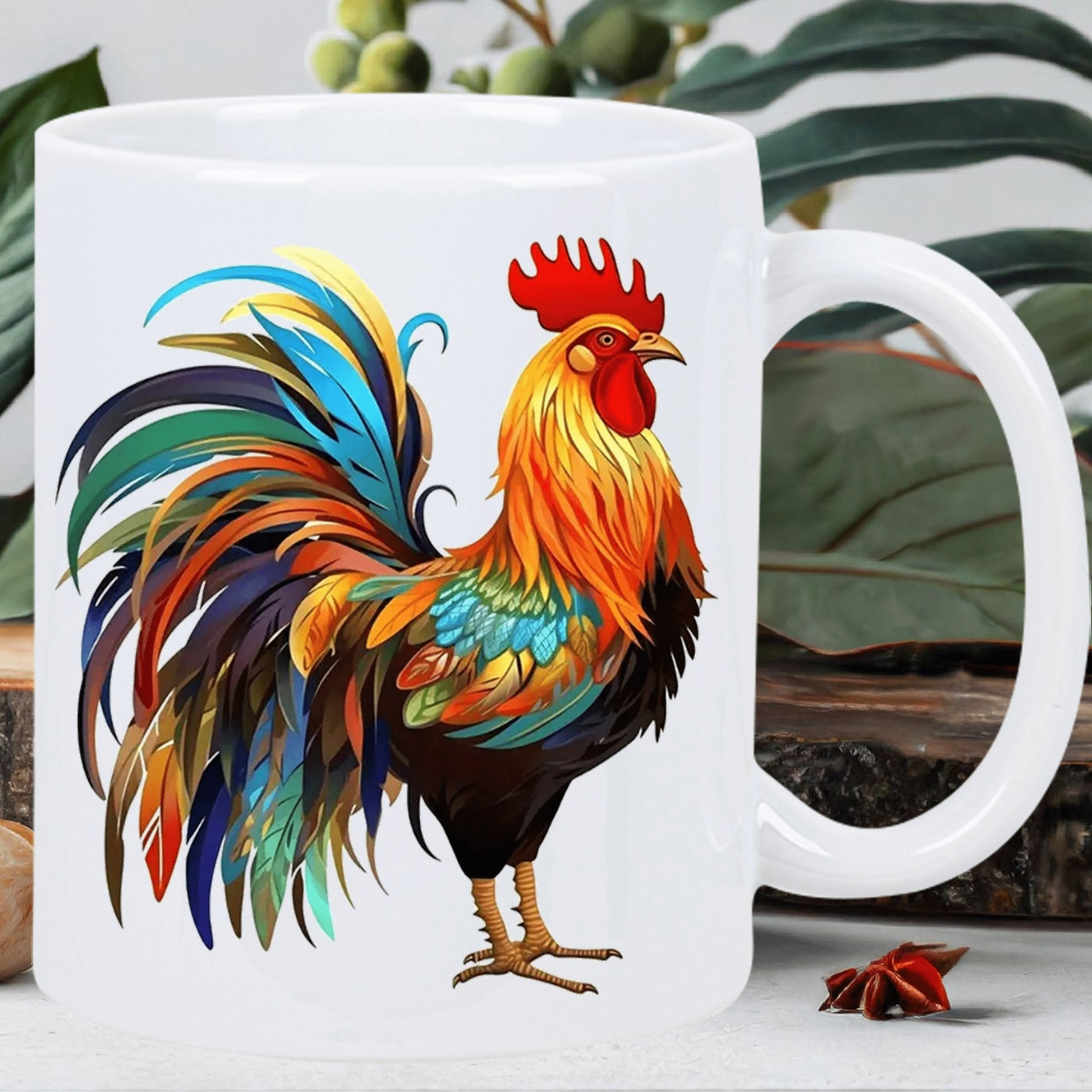 Tailorly White Ceramic 11 oz Mug - Majestic Colorful Bird With Vibrant Plumage And Detailed Tail Feathers Standing Proudly Rooster