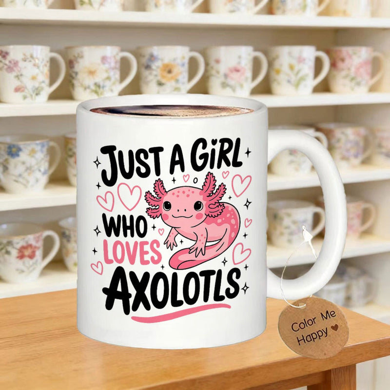 Tailorly White Ceramic 11 oz Mug - Just A Girl Who Loves Axolotls Cute Pink Smiling Cartoon Animal Floating Among Pretty Small Radiant Hearts Axolotl