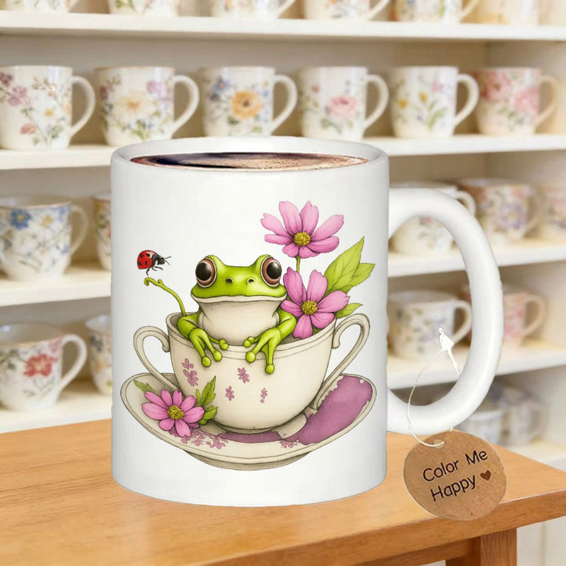Tailorly White Ceramic 11 oz Mug - Color Me Happy Cute Green Frog Sitting Inside A Teacup Surrounded By Pink Flowers Frog