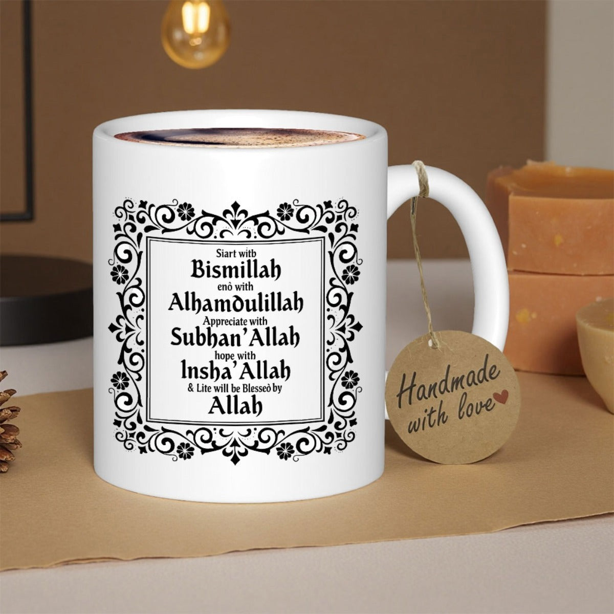 Tailorly White Ceramic 11 oz Mug - Bismillah Alhamdulillah Subhan Allah Insha Allah Blessed By Allah Elegant Intricate Black Floral Scroll Border Surrounding A