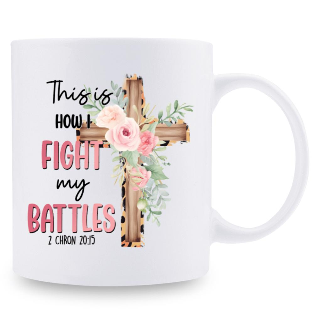 Tailorly White Ceramic 11 oz Mug - This Is How I Fight My Battles 2 Chron 20 15 Elegant Leopard Pattern Adorned With Blooming Pink Roses And Green Leaves Cross