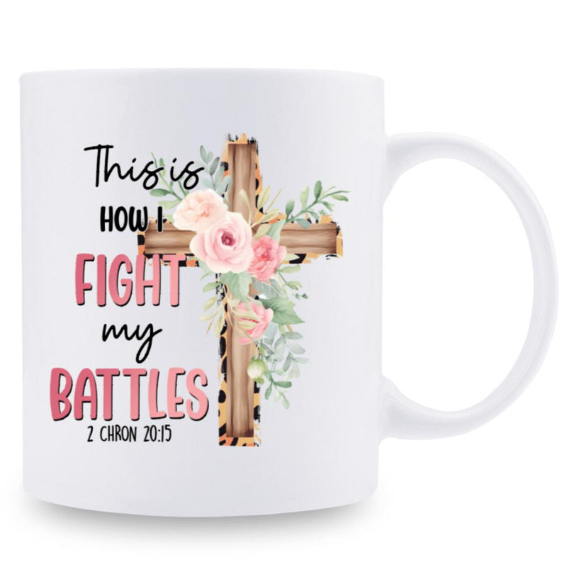 Tailorly White Ceramic 11 oz Mug - This Is How I Fight My Battles 2 Chron 20 15 Elegant Leopard Pattern Adorned With Blooming Pink Roses And Green Leaves Cross