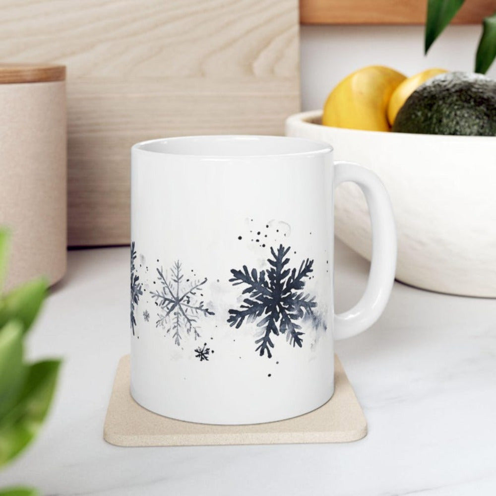 Tailorly White Ceramic 11 oz Mug - Dark Watercolor Winter Crystals Floating In Cold Air With Artistic Splatters Snowflake