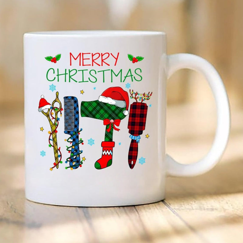 Tailorly White Ceramic 11 oz Mug - Merry Christmas Plaid Patterned Hairdressing Tools Adorned With Festive Holiday Lights Mug