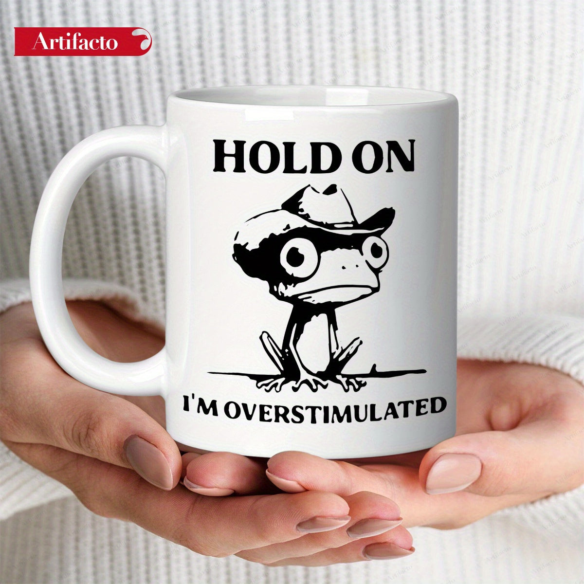 Tailorly White Ceramic 11 oz Mug - Hold On Im Overstimulated Hand Drawn Style Amphibian With Large Eyes Wearing A Western Hat Frog