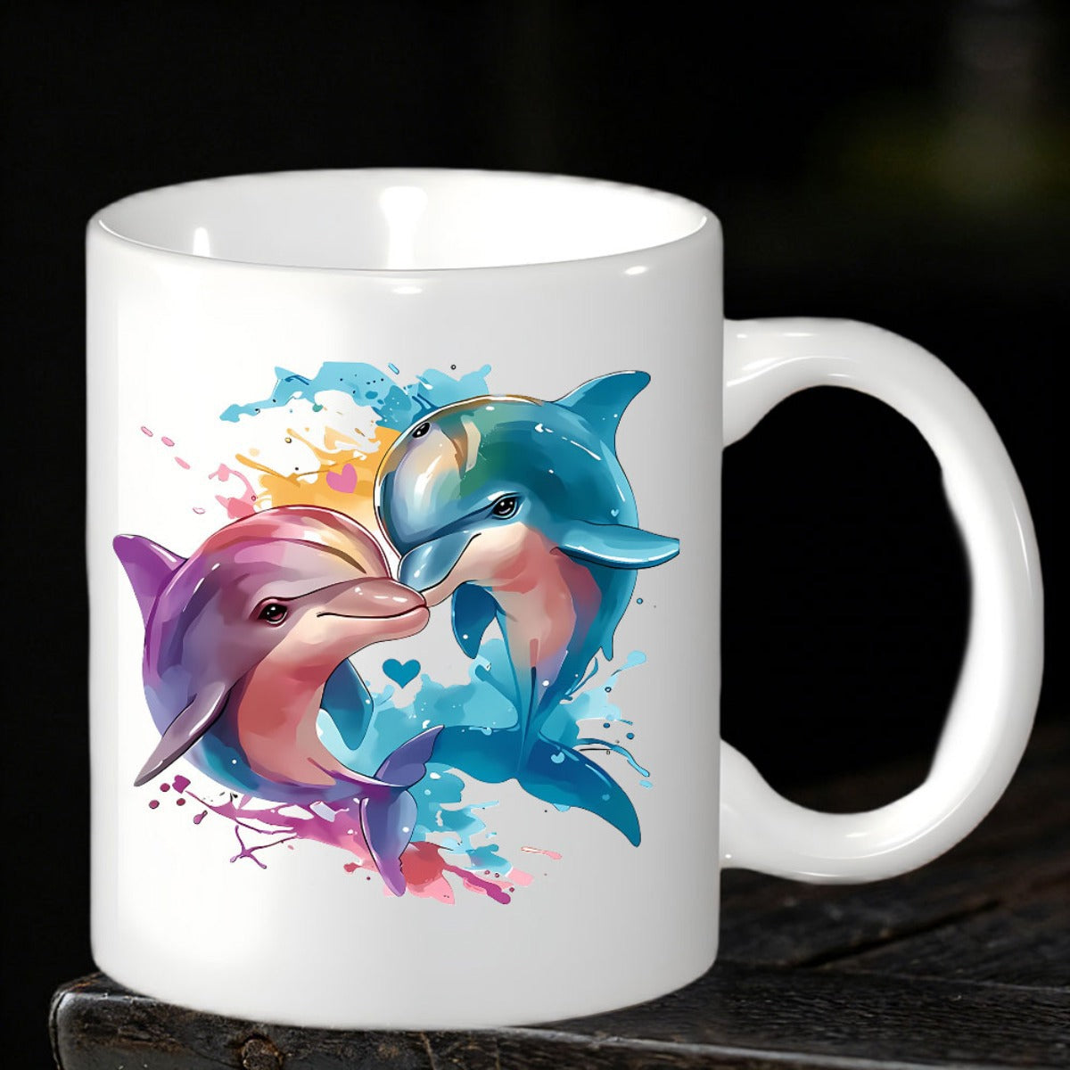 Tailorly White Ceramic 11 oz Mug - Vibrant Watercolor Splashes Featuring Two Playful Graceful Ocean Swimming Dolphins