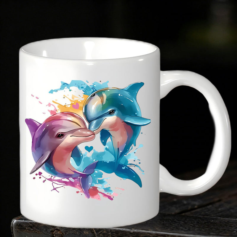 Tailorly White Ceramic 11 oz Mug - Vibrant Watercolor Splashes Featuring Two Playful Graceful Ocean Swimming Dolphins