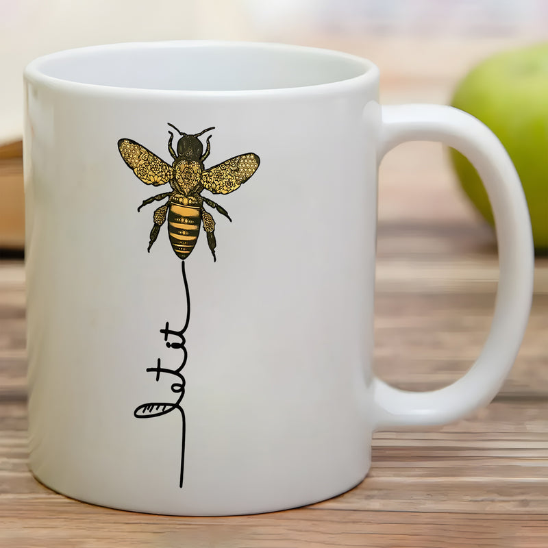 Tailorly White Ceramic 11 oz Mug - Let It Detailed Golden Honeybee Hovering Over Elegant Vertical Cursive Script Line Honeybee