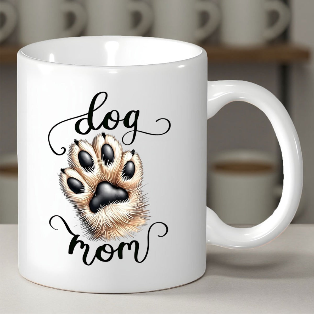 Tailorly White Ceramic 11 oz Mug - Dog Mom Detailed Furry Pet Paw With Black Pads Centered On