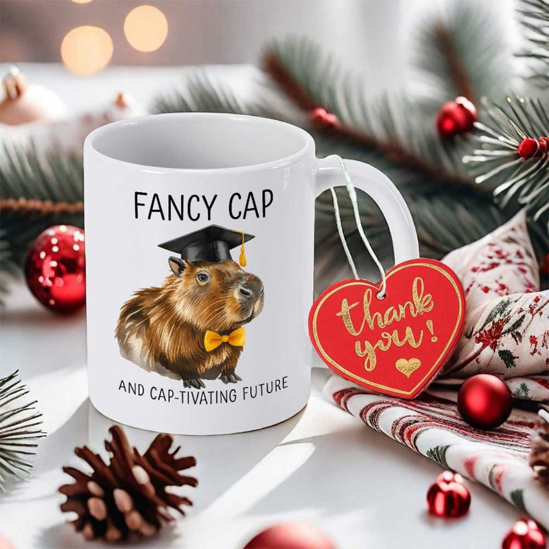 Tailorly White Ceramic 11 oz Mug - Fancy Cap Captivating Future Adorable Brown Capybara Wearing A Graduation Cap And Yellow Bow Tie Capybara