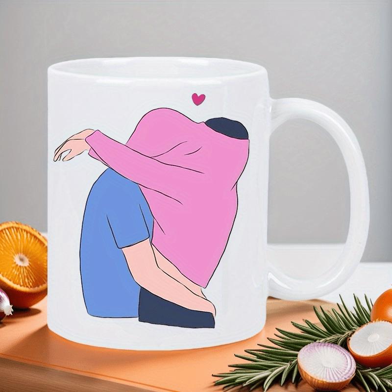 Tailorly White Ceramic 11 oz Mug - Minimalist Romantic Couple Hugging Under A Tiny Red Heart Illustration Mug