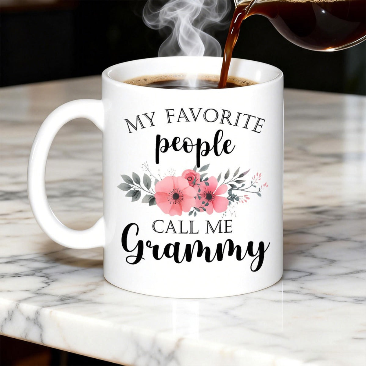 Tailorly White Ceramic 11 oz Mug - My Favorite People Call Me Grammy Soft Blooming Pink Flowers Amidst Elegant Grey Leaves In A Horizontal Row Flower