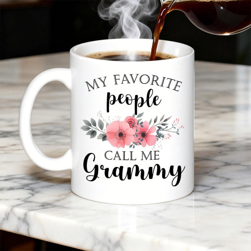 Tailorly White Ceramic 11 oz Mug - My Favorite People Call Me Grammy Soft Blooming Pink Flowers Amidst Elegant Grey Leaves In A Horizontal Row Flower