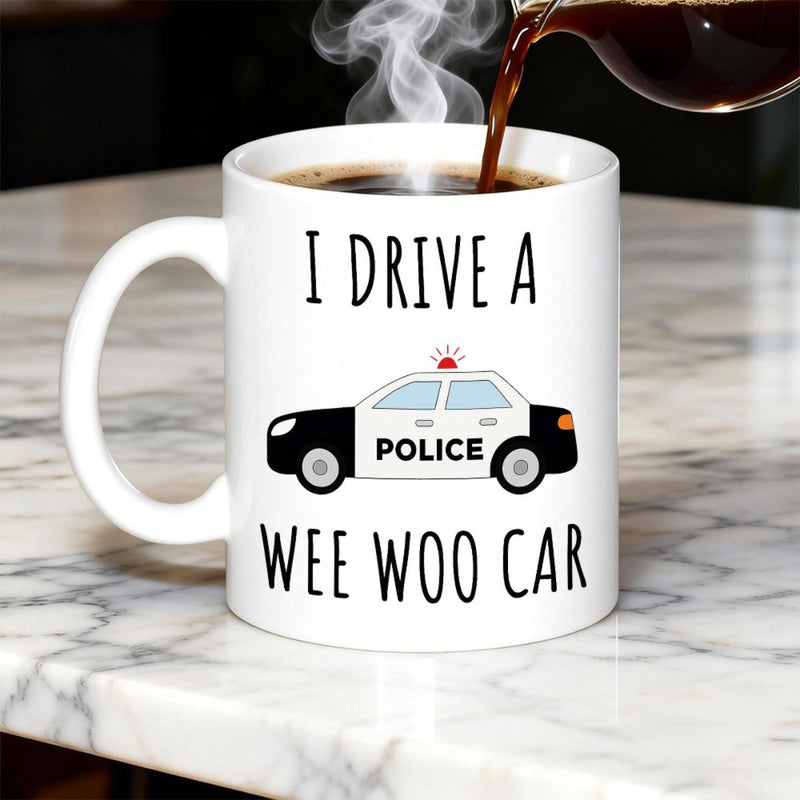 Tailorly White Ceramic 11 oz Mug - I Drive A Wee Woo Car Simple Cartoon Police Vehicle With Red Flashing Siren Car