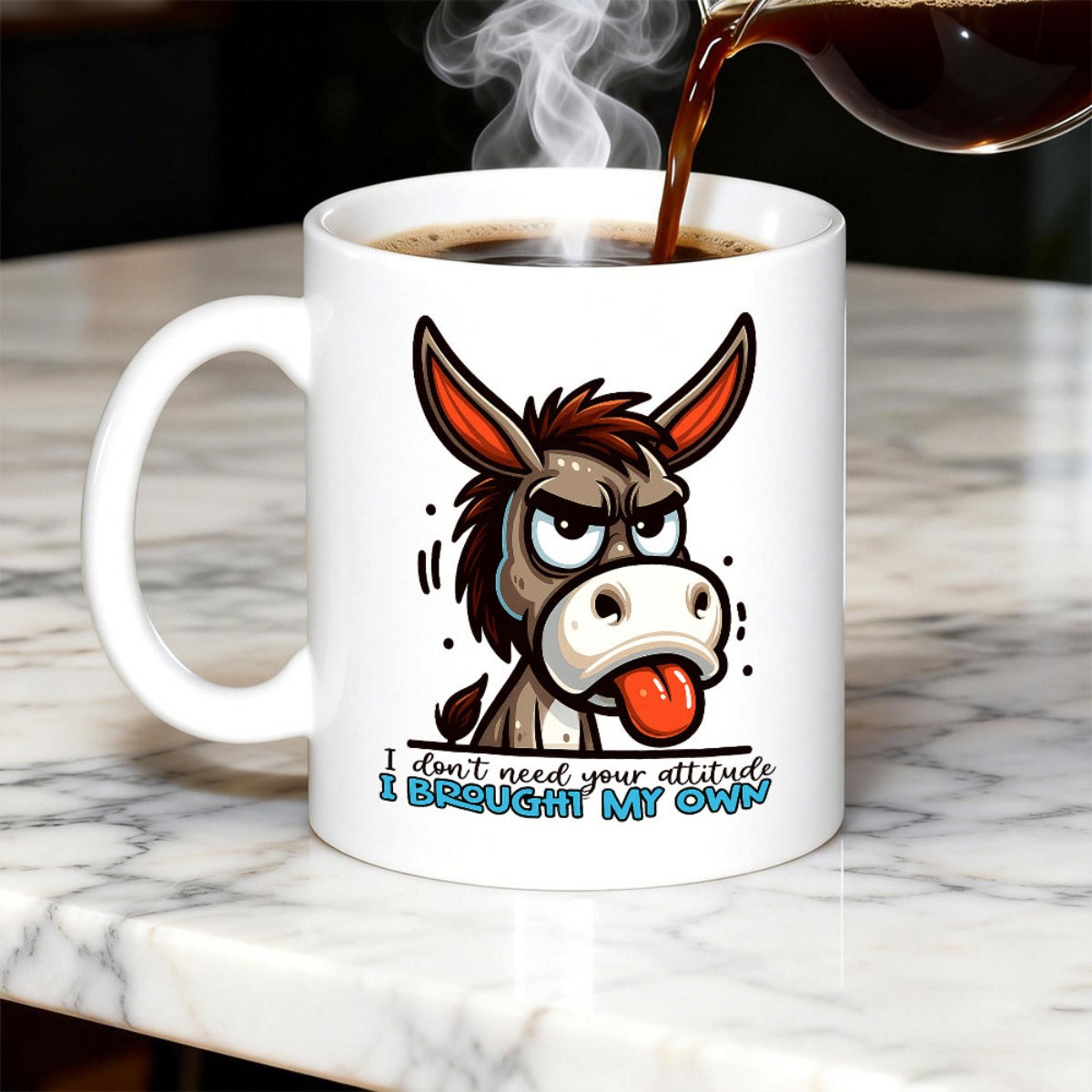 Tailorly White Ceramic 11 oz Mug - I Don't Need Your Attitude I Brought My Own Funny Grumpy Cartoon Character With Red Tongue Sticking Out Expressions Donkey