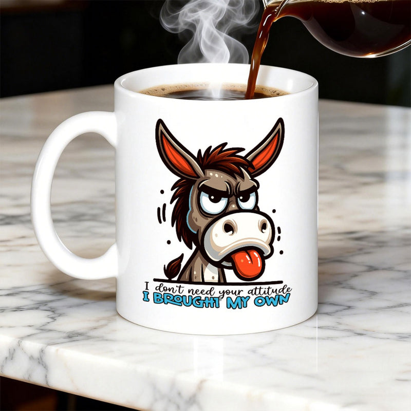 Tailorly White Ceramic 11 oz Mug - I Don't Need Your Attitude I Brought My Own Funny Grumpy Cartoon Character With Red Tongue Sticking Out Expressions Donkey