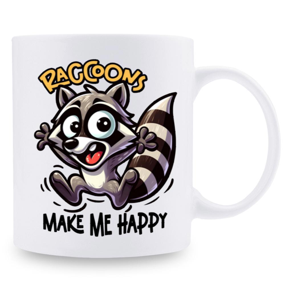 Tailorly White Ceramic 11 oz Mug - Raccoons Make Me Happy Playful Cartoon Character Jumping With Big Expressive Eyes And Striped Tail Raccoon