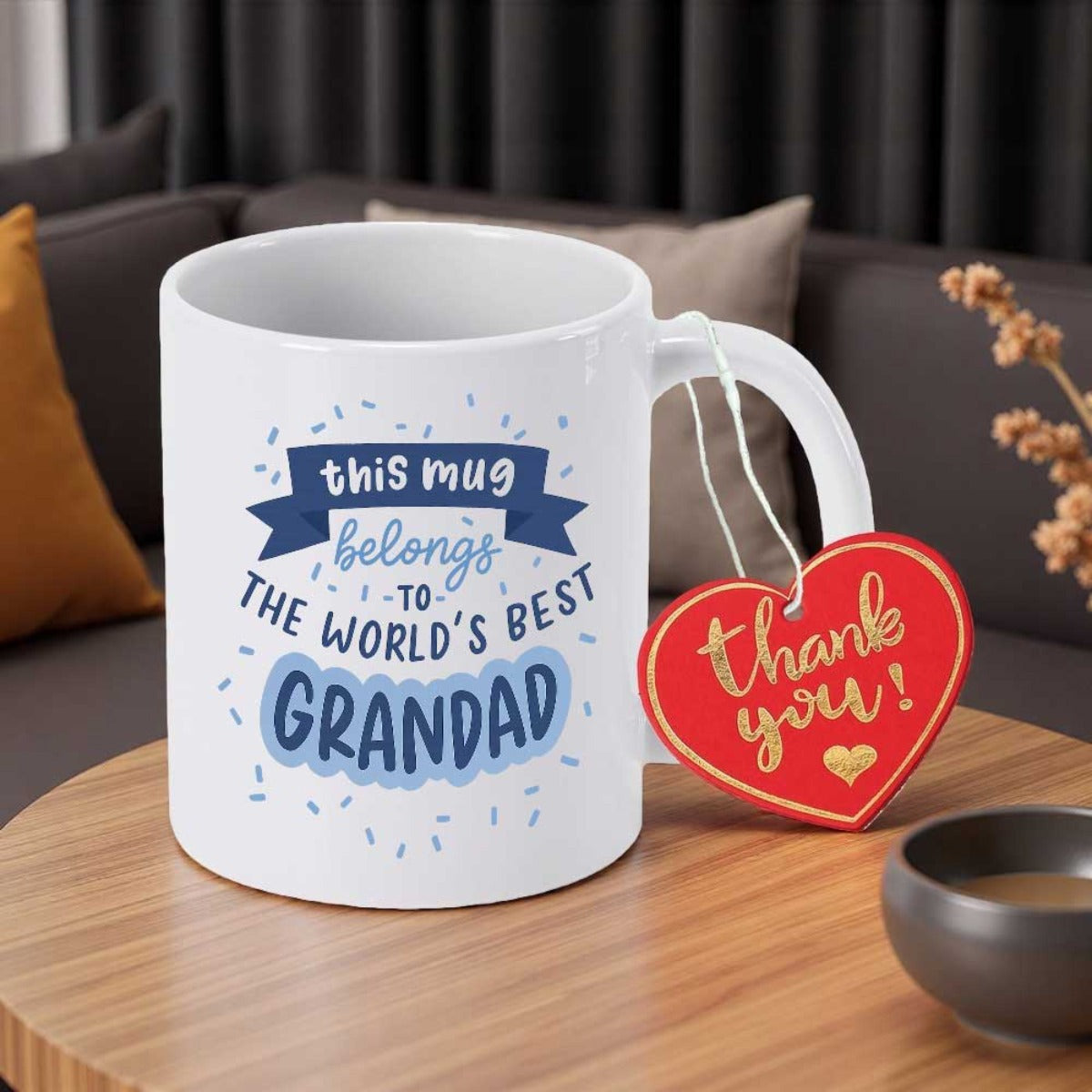 Tailorly White Ceramic 11 oz Mug - This Mug Belongs To The World's Best Grandad Blue Banner Decoration Among Floating Confetti On Ceramic Mug