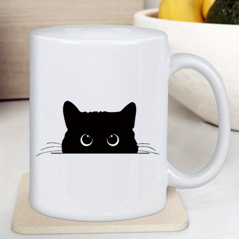 Tailorly White Ceramic 11 oz Mug - Peeking Black Cat Silhouette With Large Curious Eyes And Whiskers Cat