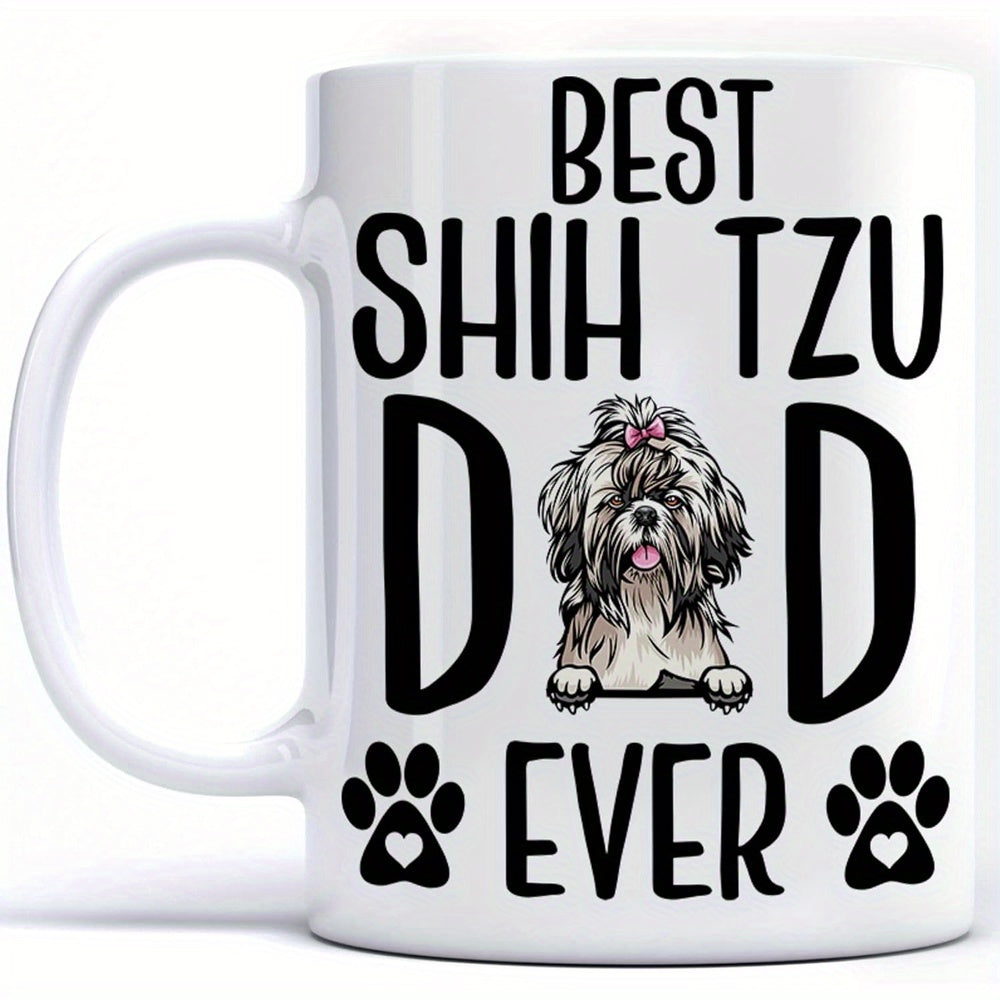 Tailorly White Ceramic 11 oz Mug - Best Shih Tzu Dad Ever Charming Long Haired Puppy Peeking Over Edge With Tiny Heart Paw Prints Shih Tzu