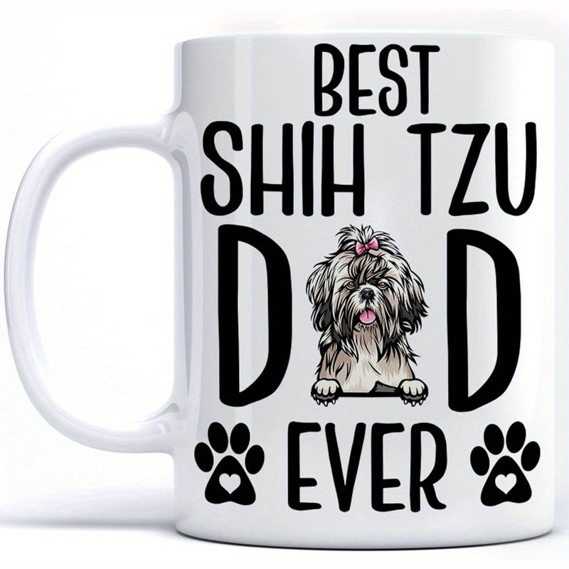 Tailorly White Ceramic 11 oz Mug - Best Shih Tzu Dad Ever Charming Long Haired Puppy Peeking Over Edge With Tiny Heart Paw Prints Shih Tzu