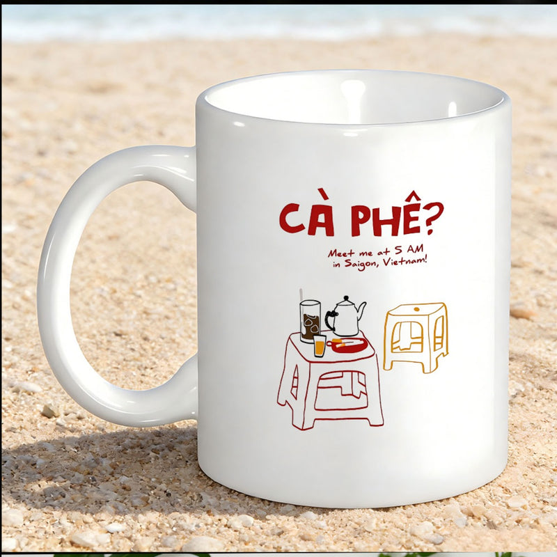 Tailorly White Ceramic 11 oz Mug - Meet Me At 3 AM In Saigon Vietnam Minimalist Line Art Illustrating Traditional Vietnamese Street Coffee Culture On Plastic Stool