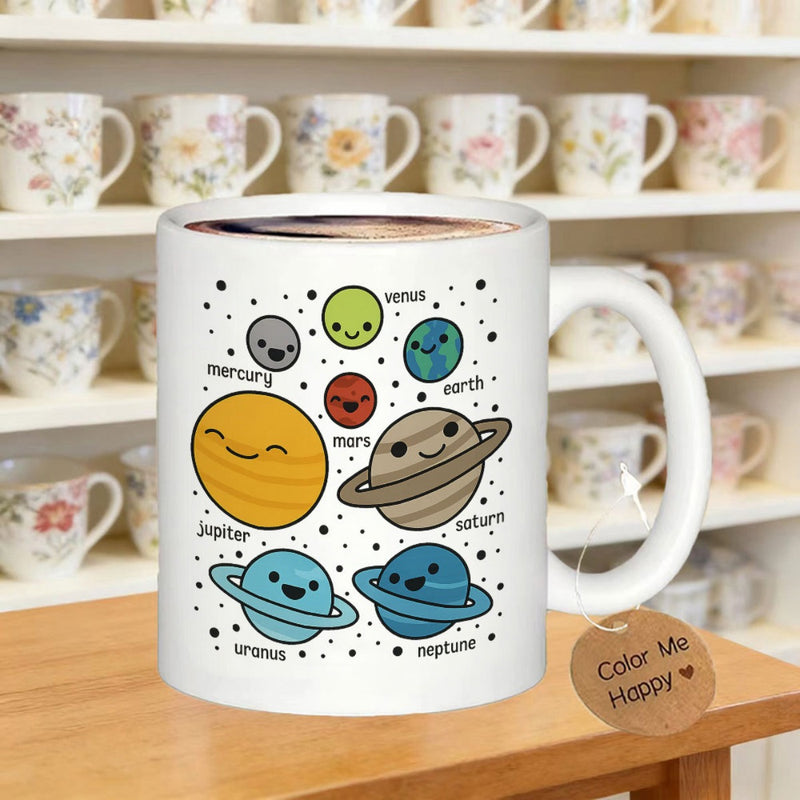 Tailorly White Ceramic 11 oz Mug - Mercury Venus Earth Mars Jupiter Saturn Uranus Neptune Colorful Cartoon Solar System With Smiling Faces Floating In Deep Space