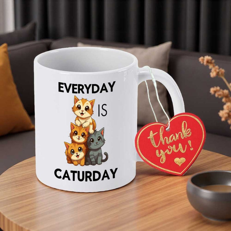 Tailorly White Ceramic 11 oz Mug - Everyday Is Caturday Adorable Cartoon Kittens Stacked Together In A Playful Pile Design Cat