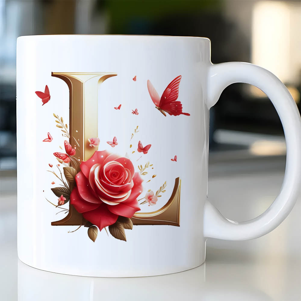 Tailorly White Ceramic 11 oz Mug - L Elegant Golden Serif Alphabet Adorned With Vibrant Red Blooming Rose