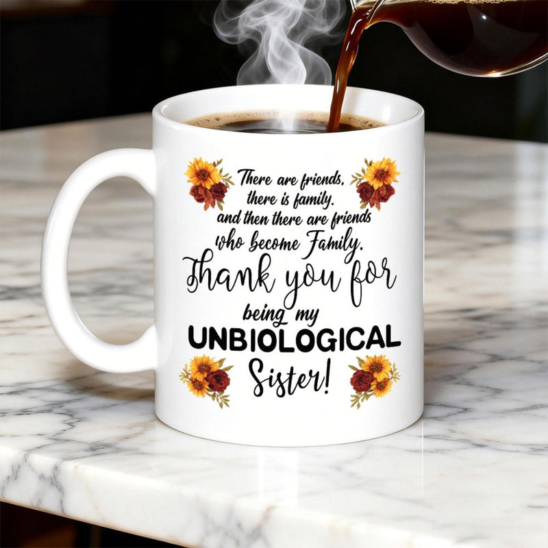Tailorly White Ceramic 11 oz Mug - There Are Friends Family Unbiological Sister Elegant Autumn Sunflowers And Roses Surrounding Sentimental Quote Floral Design